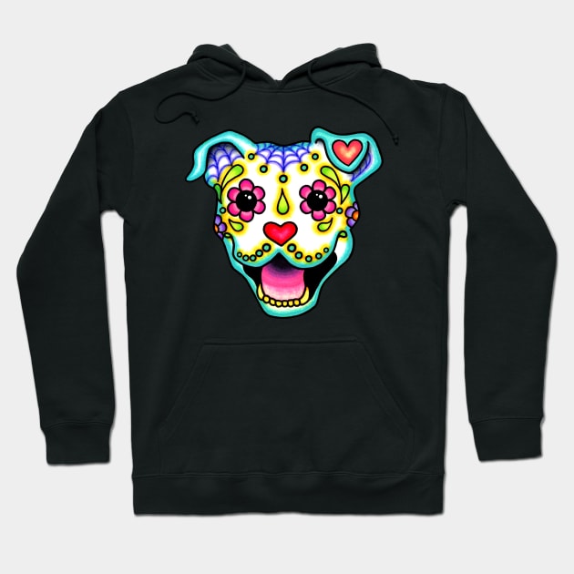 Smiling Pit Bull in White - Day of the Dead Pitbull Sugar Skull Dog Hoodie by prettyinink